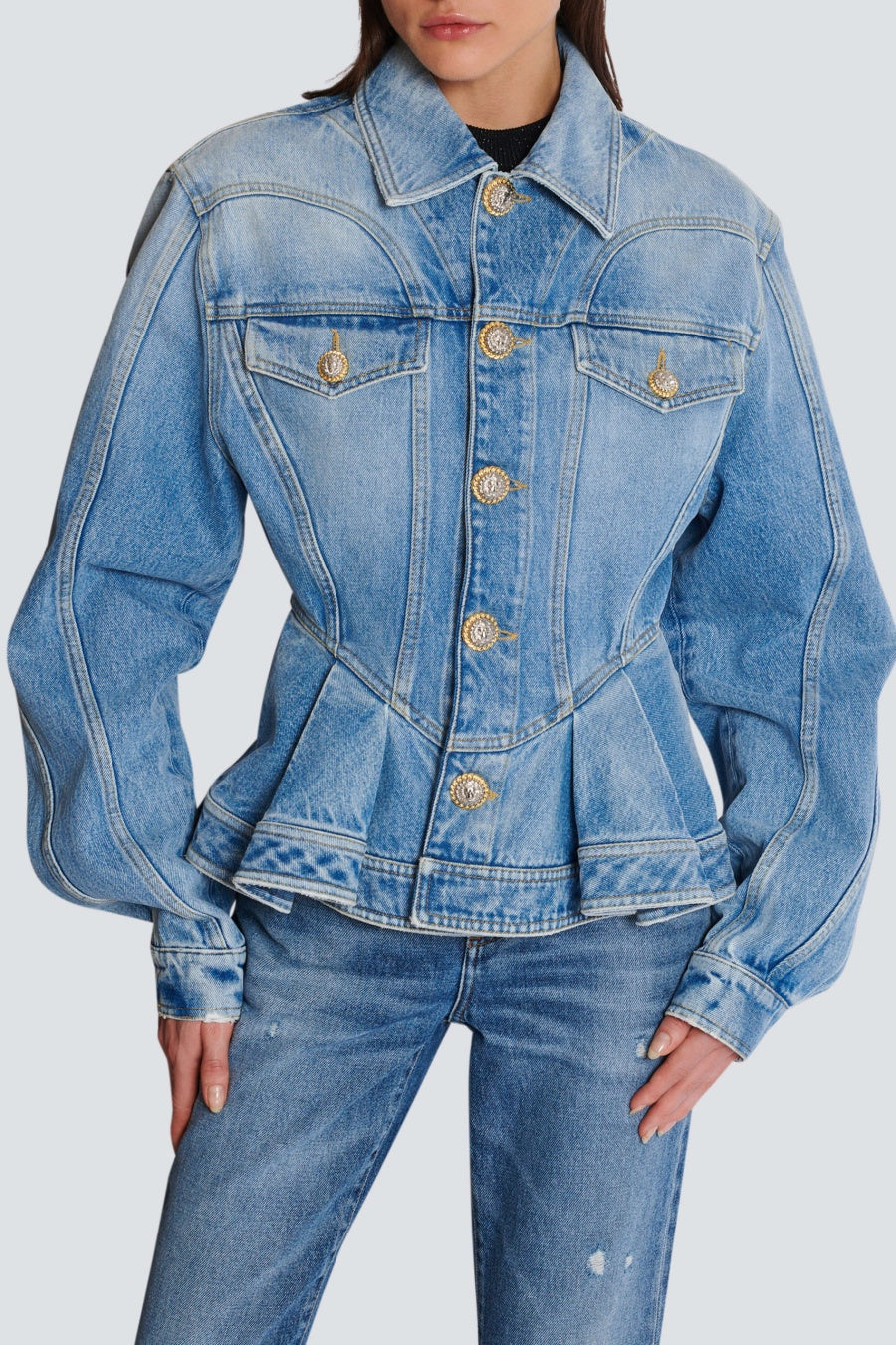Veste en Jean Plissée Ogana Élégante à Boutons Dorés pour Femme