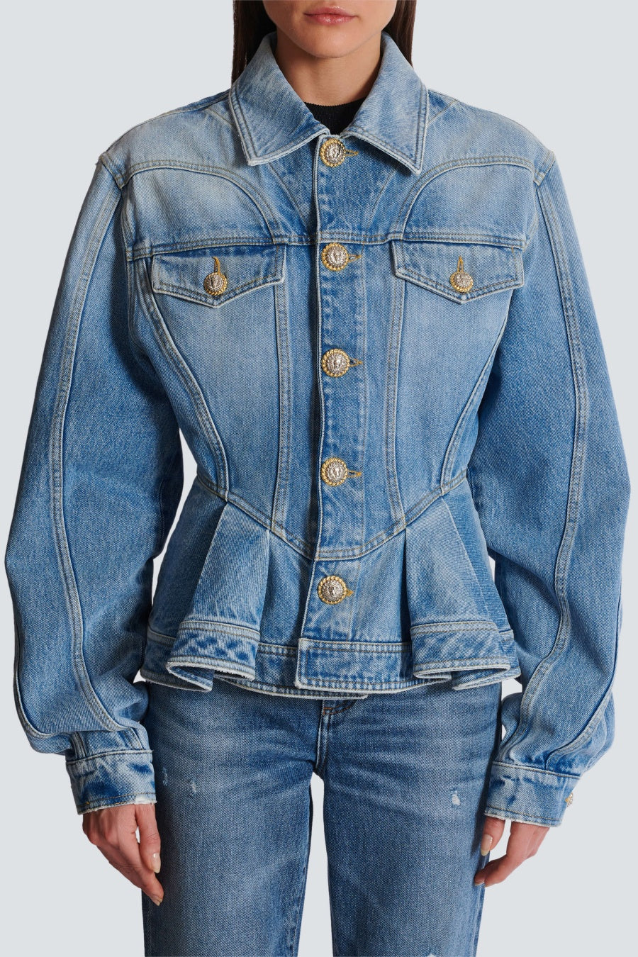 Veste en Jean Plissée Ogana Élégante à Boutons Dorés pour Femme