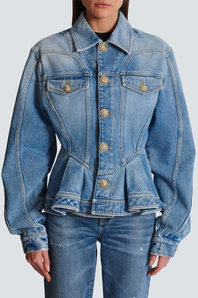 Veste en Jean Plissée Ogana Élégante à Boutons Dorés pour Femme